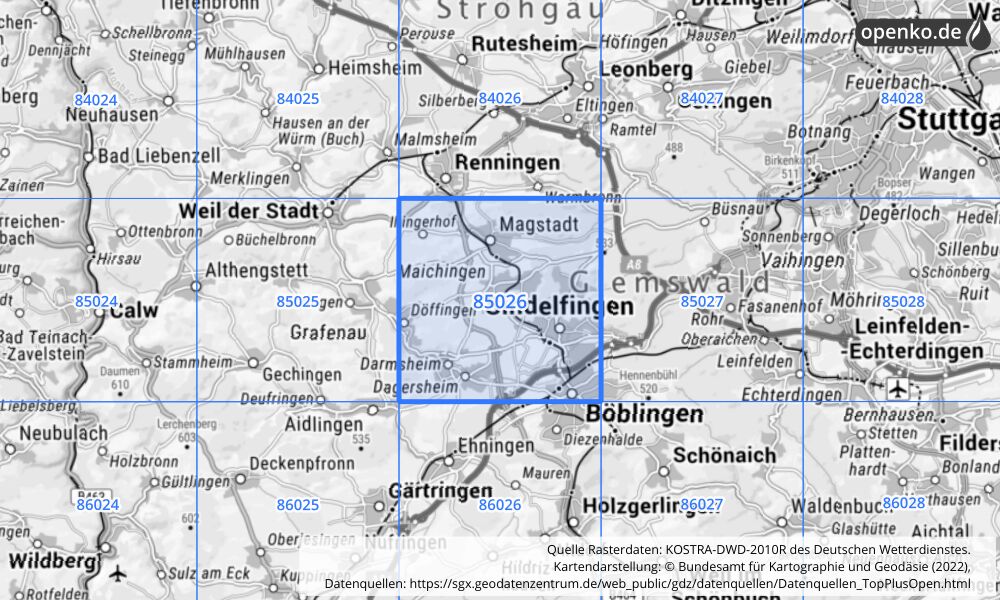 Übersichtskarte KOSTRA-DWD-2010R Rasterfeld Nr. 85026 mit angrenzenden Feldern