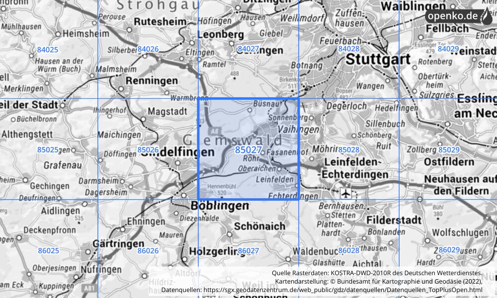 Übersichtskarte KOSTRA-DWD-2010R Rasterfeld Nr. 85027 mit angrenzenden Feldern