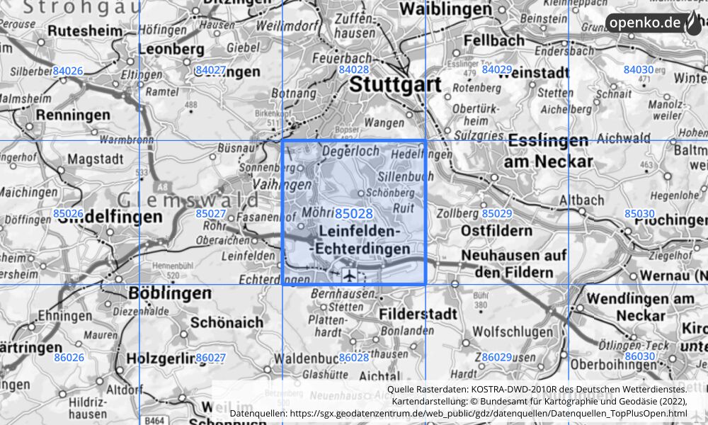 Übersichtskarte KOSTRA-DWD-2010R Rasterfeld Nr. 85028 mit angrenzenden Feldern