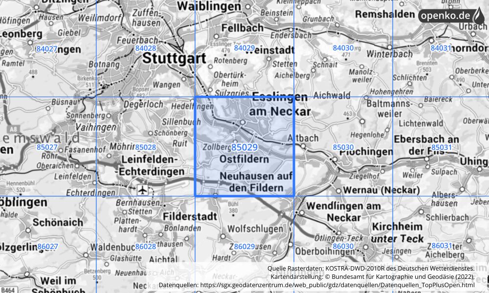 Übersichtskarte KOSTRA-DWD-2010R Rasterfeld Nr. 85029 mit angrenzenden Feldern