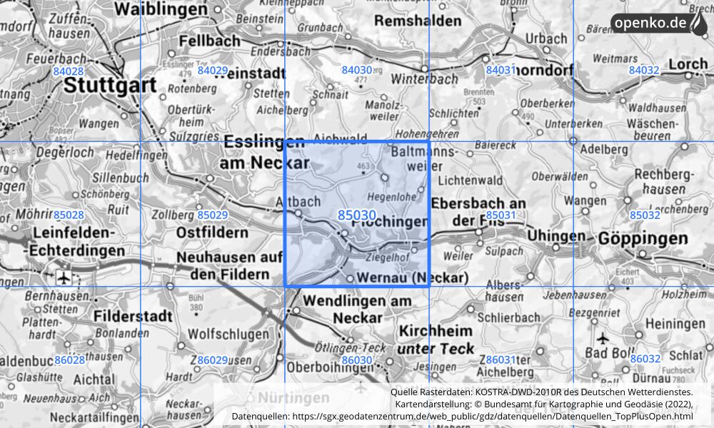 Übersichtskarte KOSTRA-DWD-2010R Rasterfeld Nr. 85030 mit angrenzenden Feldern