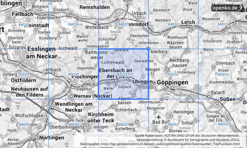 Übersichtskarte KOSTRA-DWD-2010R Rasterfeld Nr. 85031 mit angrenzenden Feldern