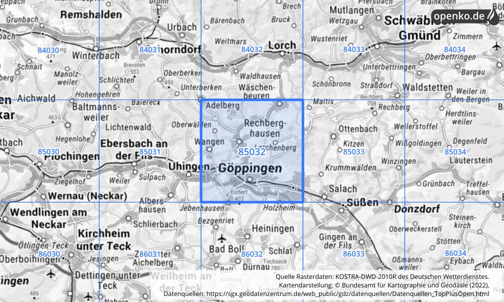 Übersichtskarte KOSTRA-DWD-2010R Rasterfeld Nr. 85032 mit angrenzenden Feldern