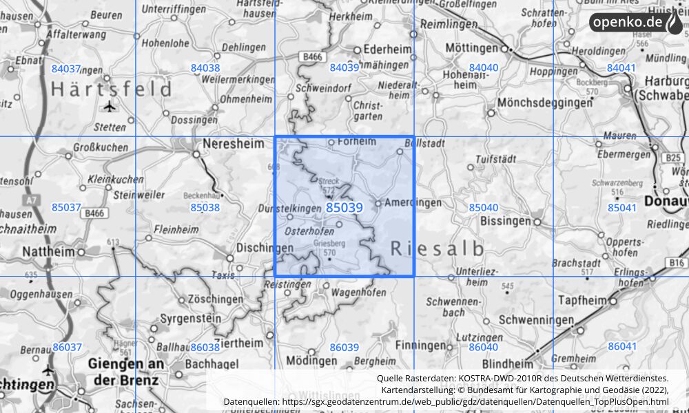 Übersichtskarte KOSTRA-DWD-2010R Rasterfeld Nr. 85039 mit angrenzenden Feldern