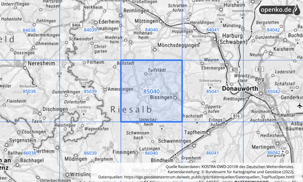 Übersichtskarte KOSTRA-DWD-2010R Rasterfeld Nr. 85040 mit angrenzenden Feldern