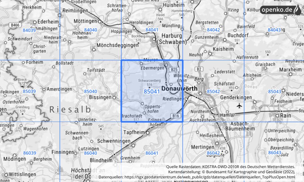Übersichtskarte KOSTRA-DWD-2010R Rasterfeld Nr. 85041 mit angrenzenden Feldern