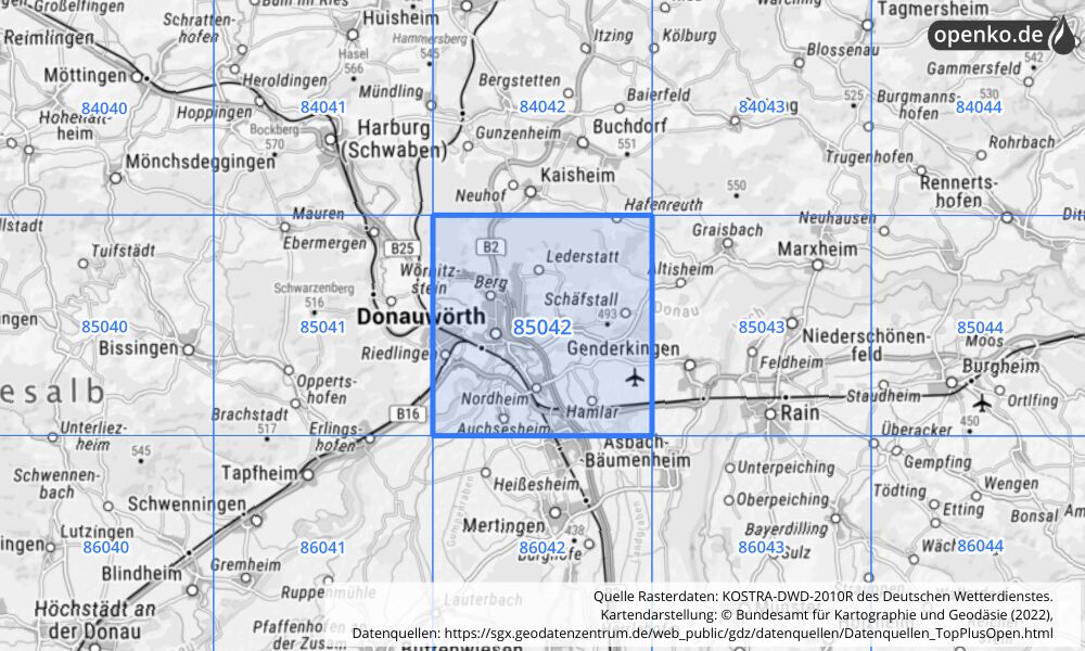 Übersichtskarte KOSTRA-DWD-2010R Rasterfeld Nr. 85042 mit angrenzenden Feldern