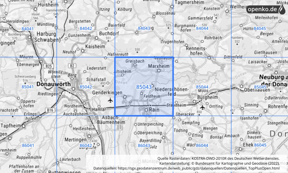 Übersichtskarte KOSTRA-DWD-2010R Rasterfeld Nr. 85043 mit angrenzenden Feldern