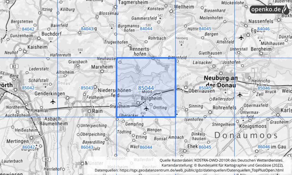 Übersichtskarte KOSTRA-DWD-2010R Rasterfeld Nr. 85044 mit angrenzenden Feldern