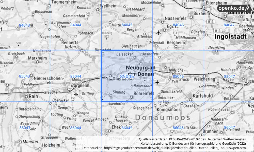 Übersichtskarte KOSTRA-DWD-2010R Rasterfeld Nr. 85045 mit angrenzenden Feldern
