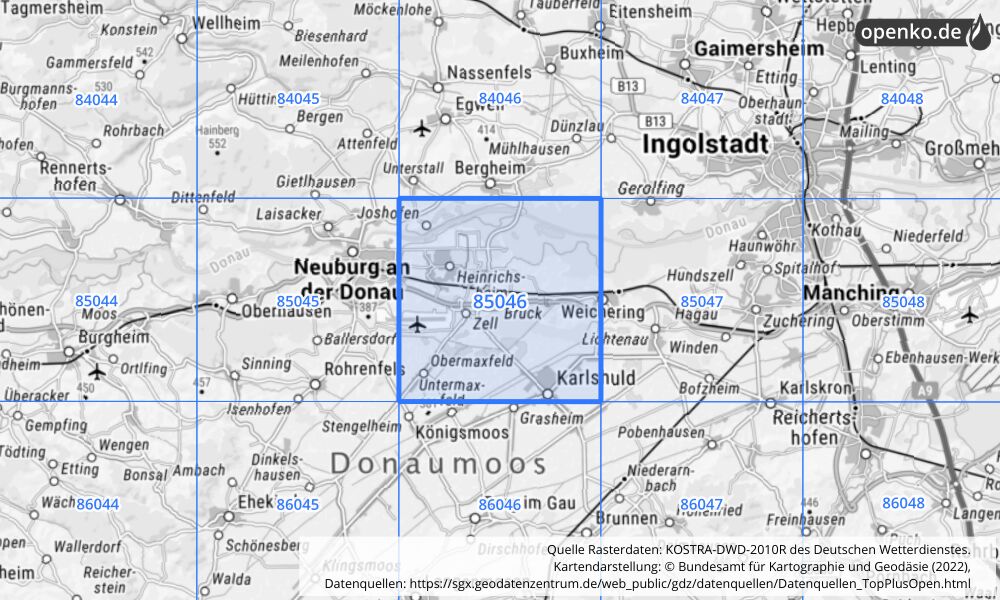 Übersichtskarte KOSTRA-DWD-2010R Rasterfeld Nr. 85046 mit angrenzenden Feldern