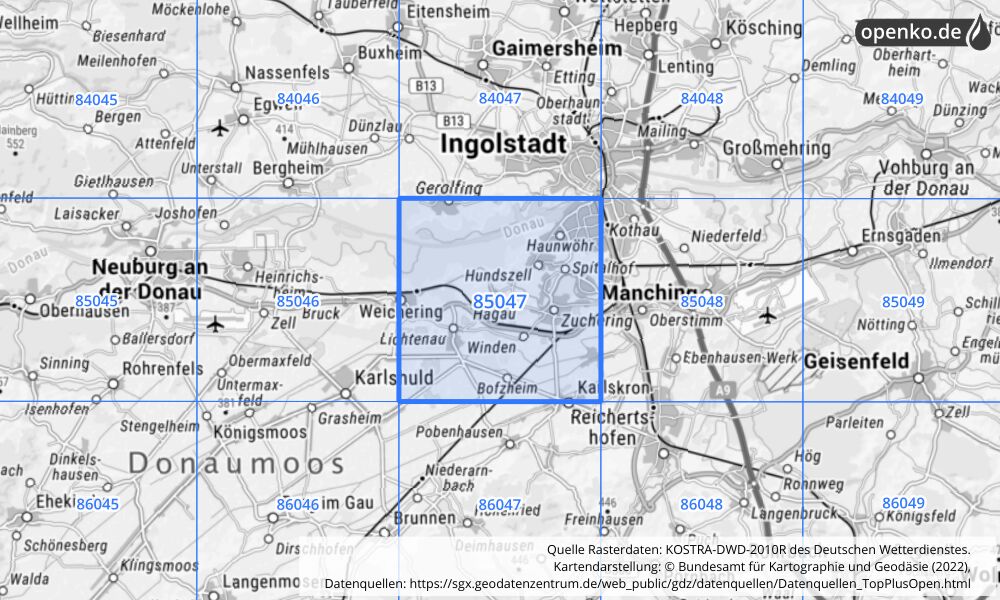 Übersichtskarte KOSTRA-DWD-2010R Rasterfeld Nr. 85047 mit angrenzenden Feldern