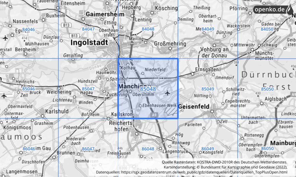 Übersichtskarte KOSTRA-DWD-2010R Rasterfeld Nr. 85048 mit angrenzenden Feldern