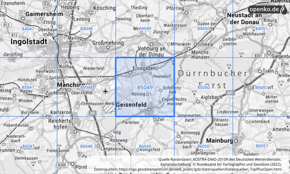 Übersichtskarte KOSTRA-DWD-2010R Rasterfeld Nr. 85049 mit angrenzenden Feldern