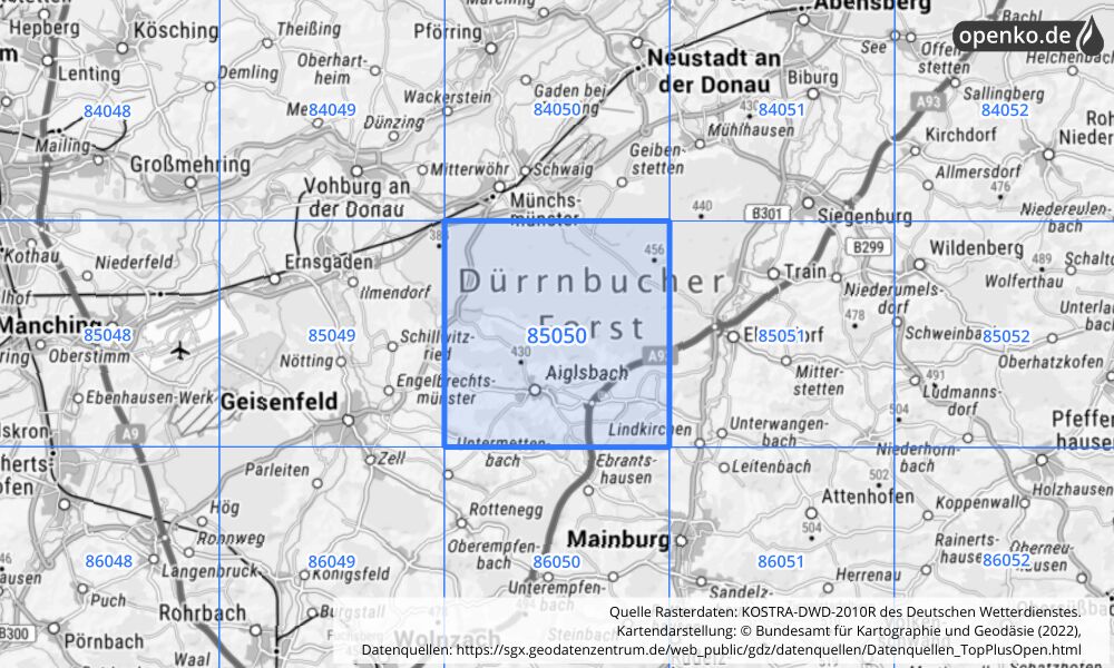 Übersichtskarte KOSTRA-DWD-2010R Rasterfeld Nr. 85050 mit angrenzenden Feldern