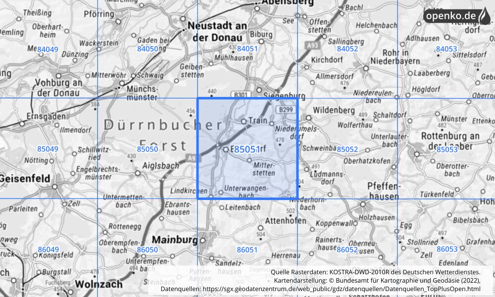 Übersichtskarte KOSTRA-DWD-2010R Rasterfeld Nr. 85051 mit angrenzenden Feldern
