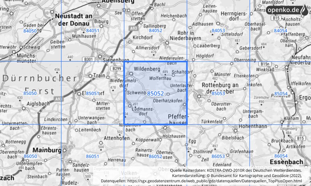 Übersichtskarte KOSTRA-DWD-2010R Rasterfeld Nr. 85052 mit angrenzenden Feldern