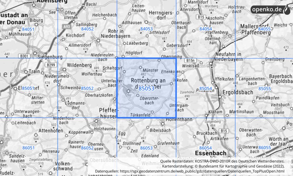 Übersichtskarte KOSTRA-DWD-2010R Rasterfeld Nr. 85053 mit angrenzenden Feldern