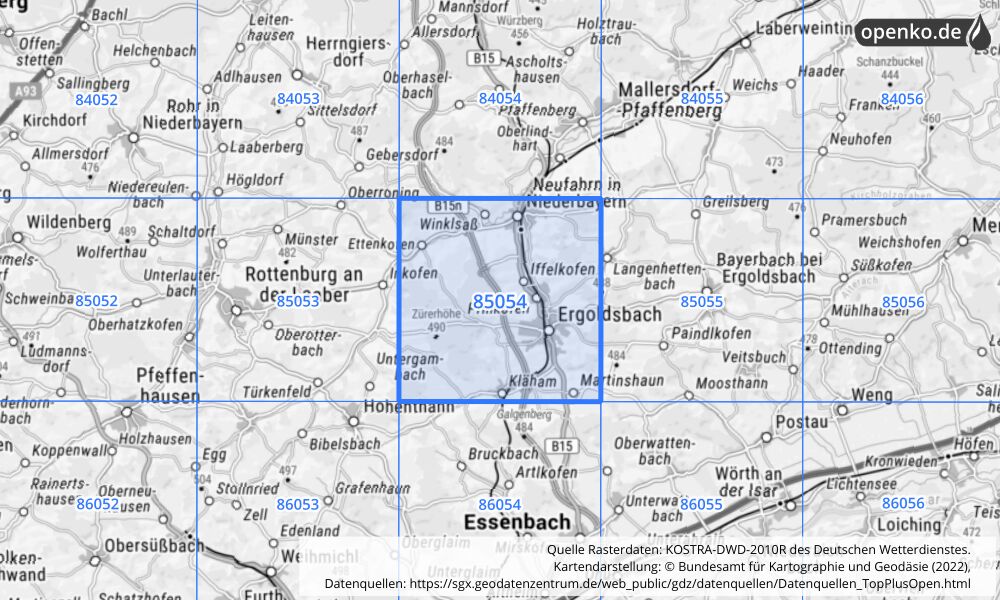 Übersichtskarte KOSTRA-DWD-2010R Rasterfeld Nr. 85054 mit angrenzenden Feldern