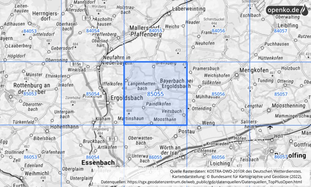 Übersichtskarte KOSTRA-DWD-2010R Rasterfeld Nr. 85055 mit angrenzenden Feldern