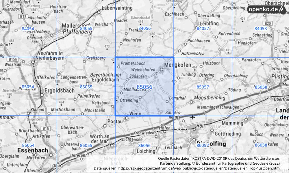 Übersichtskarte KOSTRA-DWD-2010R Rasterfeld Nr. 85056 mit angrenzenden Feldern