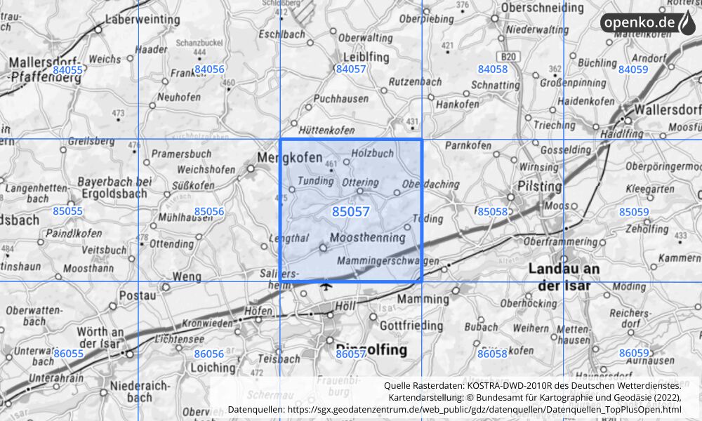 Übersichtskarte KOSTRA-DWD-2010R Rasterfeld Nr. 85057 mit angrenzenden Feldern