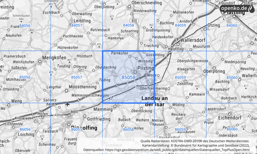 Übersichtskarte KOSTRA-DWD-2010R Rasterfeld Nr. 85058 mit angrenzenden Feldern