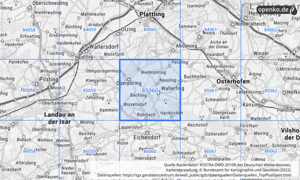 Übersichtskarte KOSTRA-DWD-2010R Rasterfeld Nr. 85060 mit angrenzenden Feldern