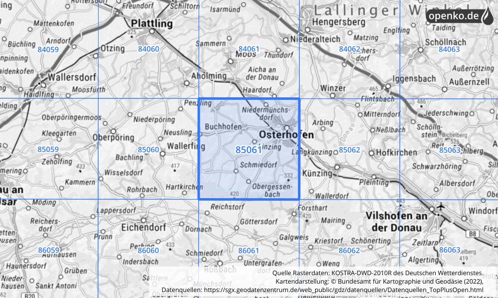 Übersichtskarte KOSTRA-DWD-2010R Rasterfeld Nr. 85061 mit angrenzenden Feldern