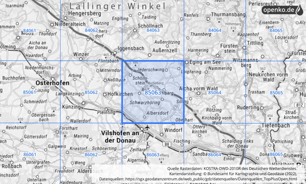 Übersichtskarte KOSTRA-DWD-2010R Rasterfeld Nr. 85063 mit angrenzenden Feldern