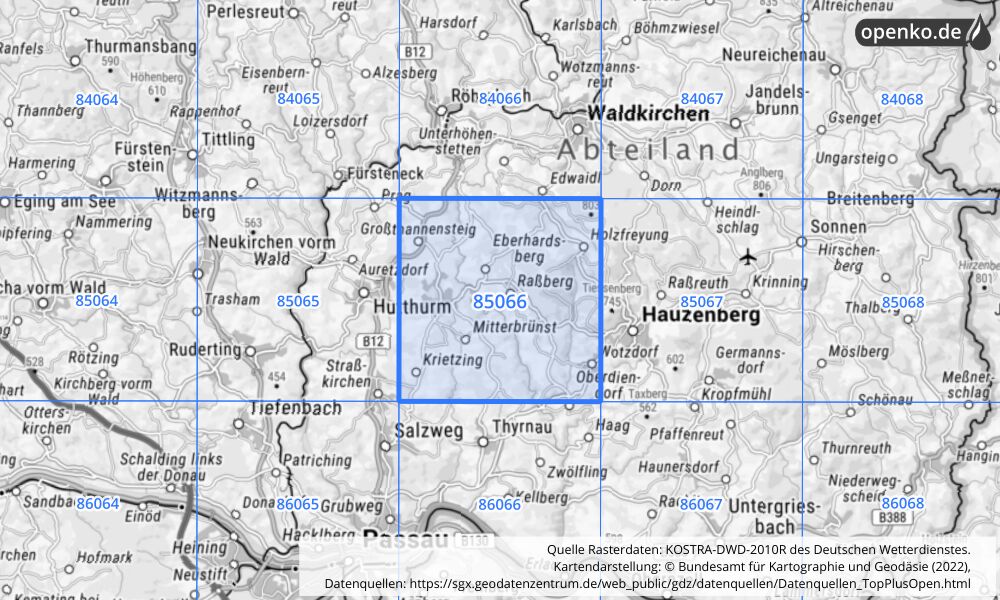 Übersichtskarte KOSTRA-DWD-2010R Rasterfeld Nr. 85066 mit angrenzenden Feldern