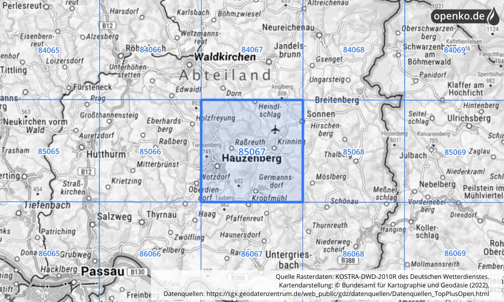 Übersichtskarte KOSTRA-DWD-2010R Rasterfeld Nr. 85067 mit angrenzenden Feldern