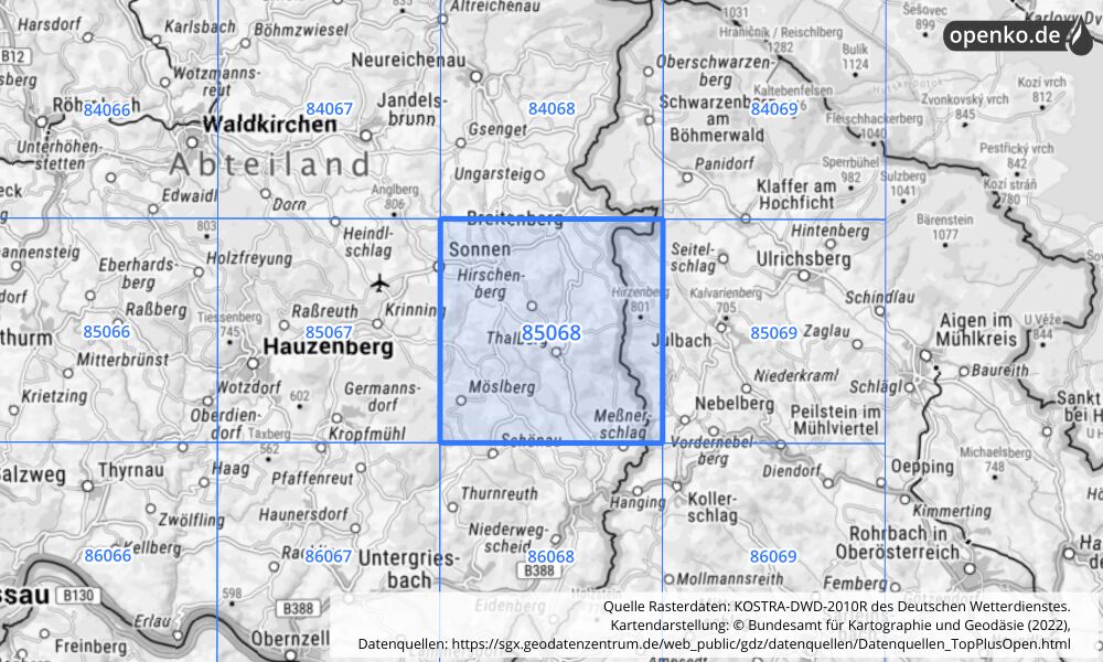 Übersichtskarte KOSTRA-DWD-2010R Rasterfeld Nr. 85068 mit angrenzenden Feldern