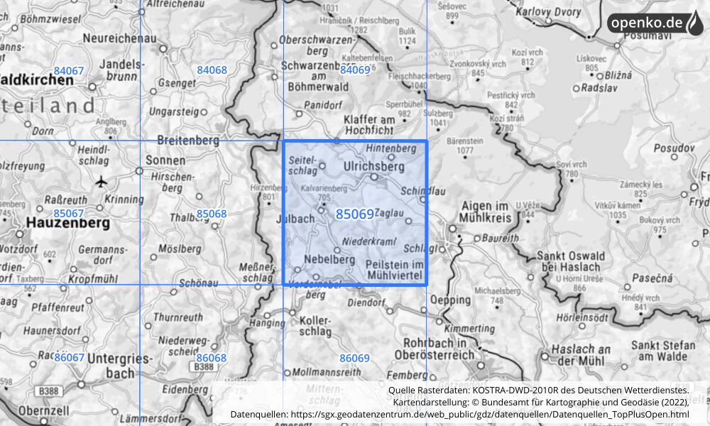 Übersichtskarte KOSTRA-DWD-2010R Rasterfeld Nr. 85069 mit angrenzenden Feldern