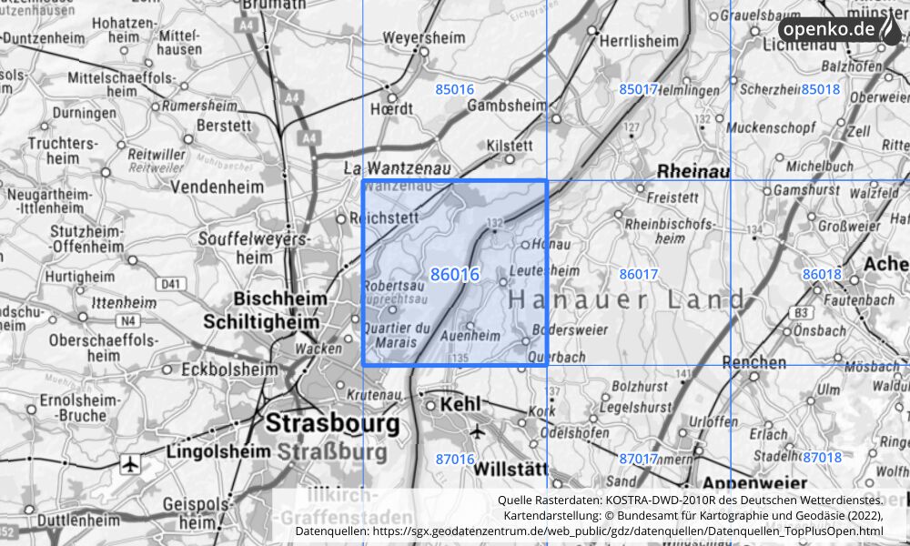 Übersichtskarte KOSTRA-DWD-2010R Rasterfeld Nr. 86016 mit angrenzenden Feldern