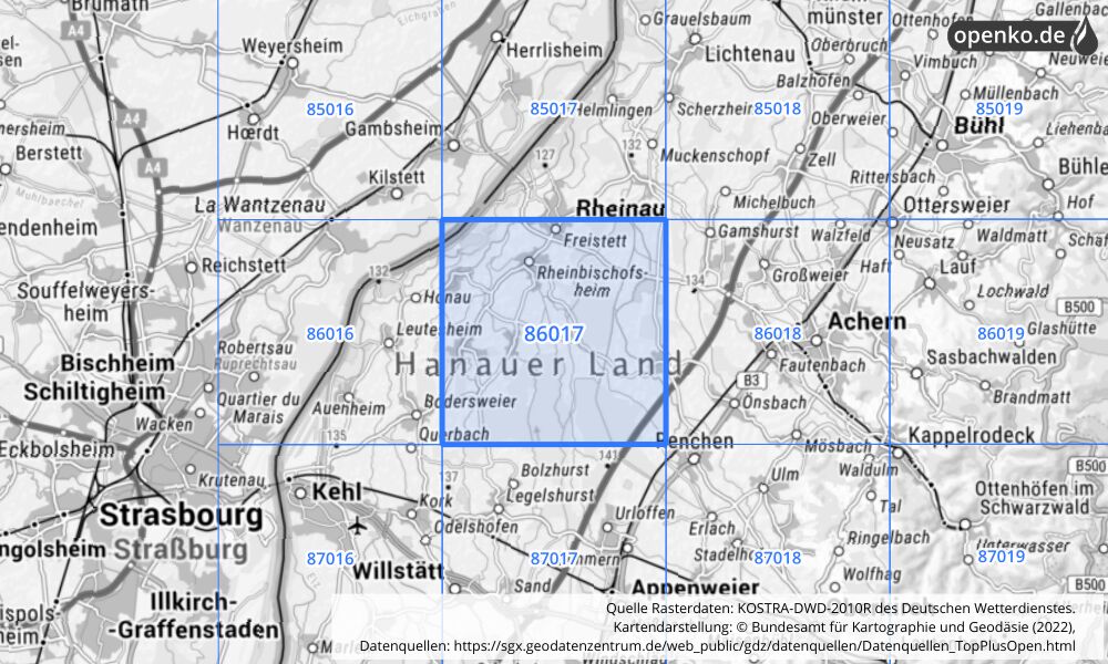 Übersichtskarte KOSTRA-DWD-2010R Rasterfeld Nr. 86017 mit angrenzenden Feldern