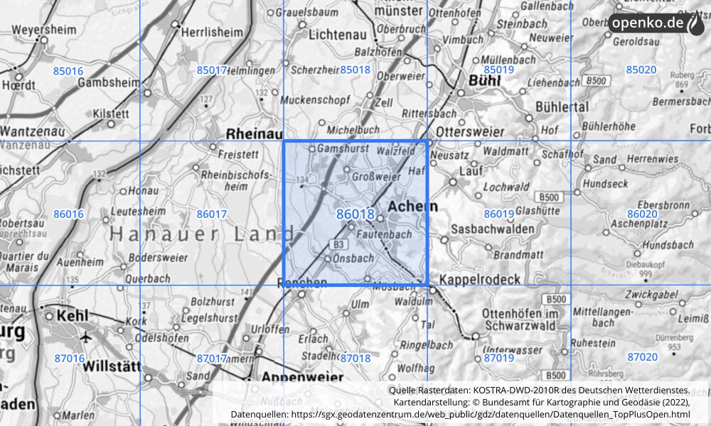 Übersichtskarte KOSTRA-DWD-2010R Rasterfeld Nr. 86018 mit angrenzenden Feldern