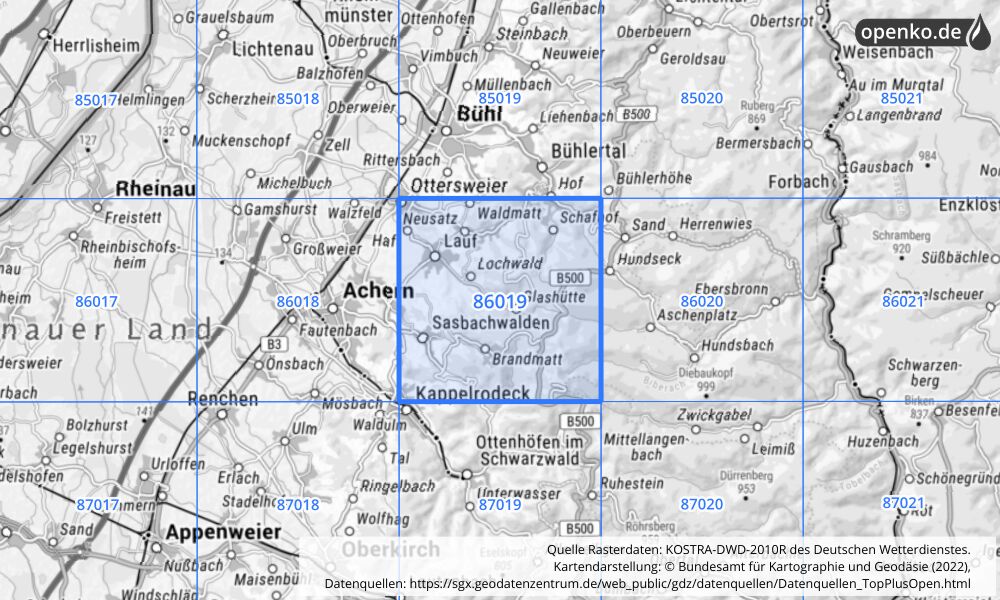 Übersichtskarte KOSTRA-DWD-2010R Rasterfeld Nr. 86019 mit angrenzenden Feldern