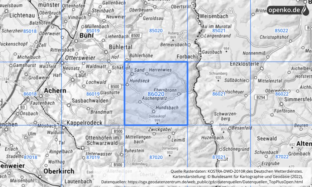 Übersichtskarte KOSTRA-DWD-2010R Rasterfeld Nr. 86020 mit angrenzenden Feldern