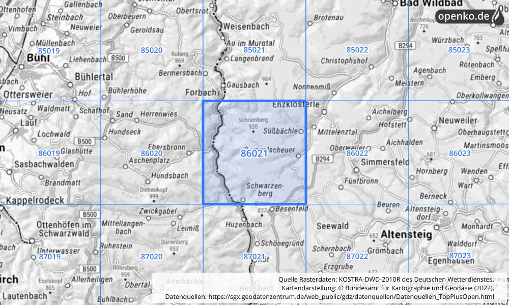 Übersichtskarte KOSTRA-DWD-2010R Rasterfeld Nr. 86021 mit angrenzenden Feldern