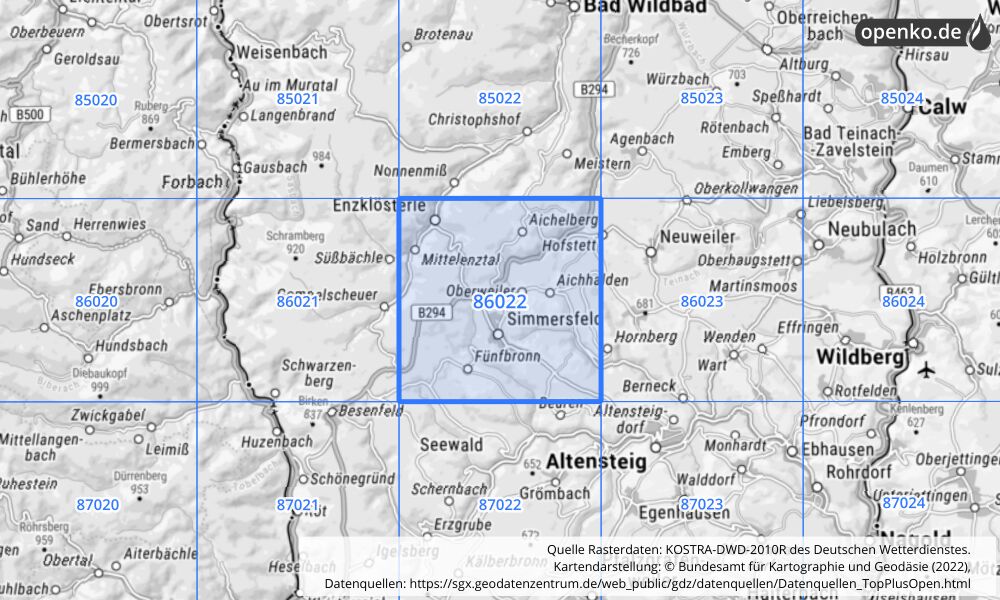 Übersichtskarte KOSTRA-DWD-2010R Rasterfeld Nr. 86022 mit angrenzenden Feldern