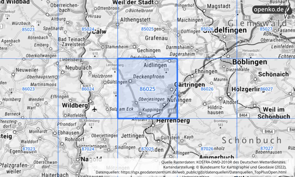 Übersichtskarte KOSTRA-DWD-2010R Rasterfeld Nr. 86025 mit angrenzenden Feldern