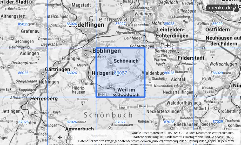 Übersichtskarte KOSTRA-DWD-2010R Rasterfeld Nr. 86027 mit angrenzenden Feldern