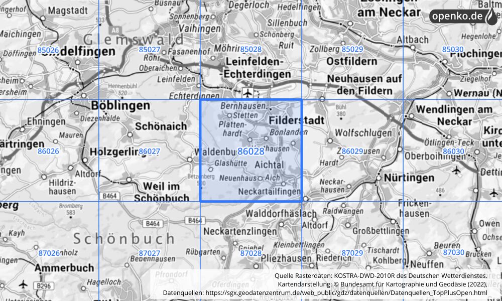 Übersichtskarte KOSTRA-DWD-2010R Rasterfeld Nr. 86028 mit angrenzenden Feldern