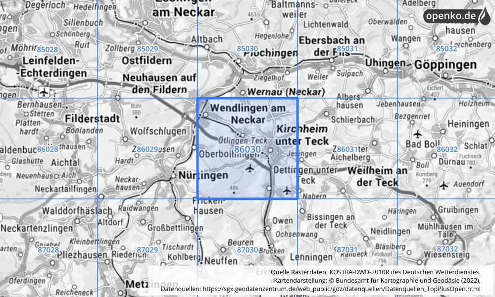 Übersichtskarte KOSTRA-DWD-2010R Rasterfeld Nr. 86030 mit angrenzenden Feldern