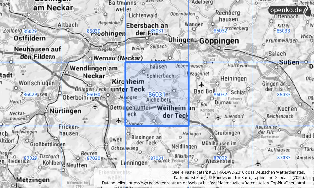 Übersichtskarte KOSTRA-DWD-2010R Rasterfeld Nr. 86031 mit angrenzenden Feldern