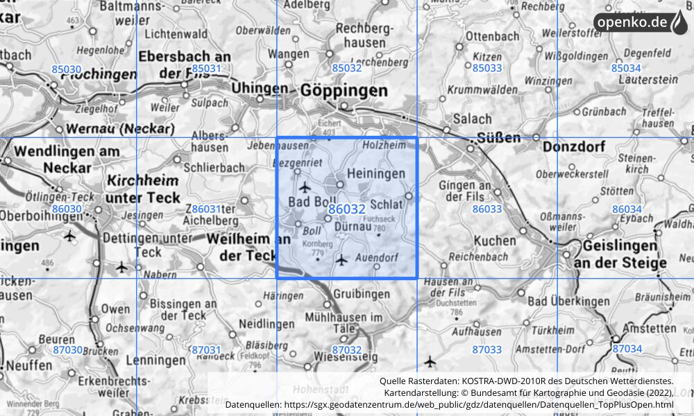 Übersichtskarte KOSTRA-DWD-2010R Rasterfeld Nr. 86032 mit angrenzenden Feldern