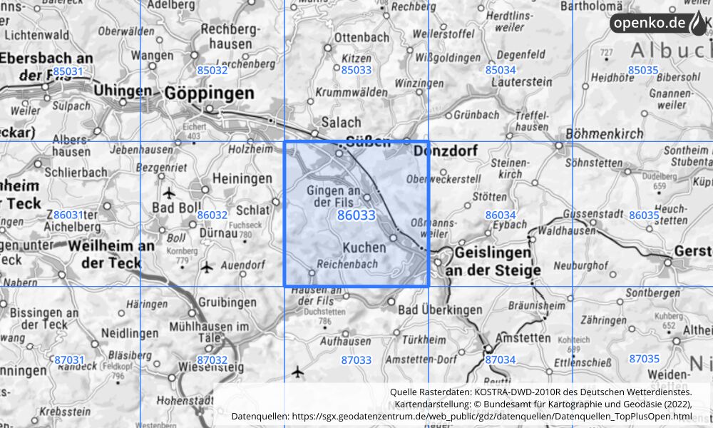 Übersichtskarte KOSTRA-DWD-2010R Rasterfeld Nr. 86033 mit angrenzenden Feldern