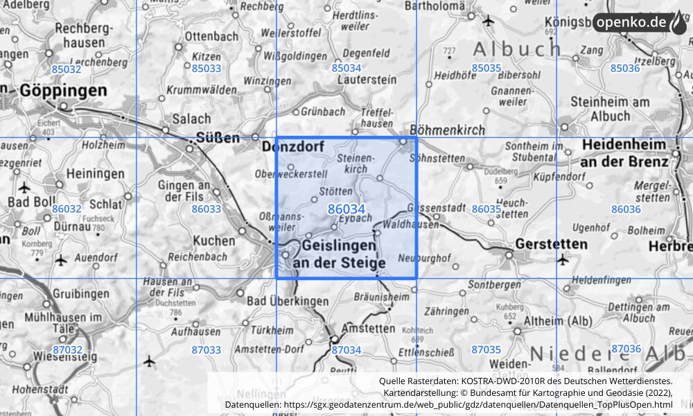 Übersichtskarte KOSTRA-DWD-2010R Rasterfeld Nr. 86034 mit angrenzenden Feldern