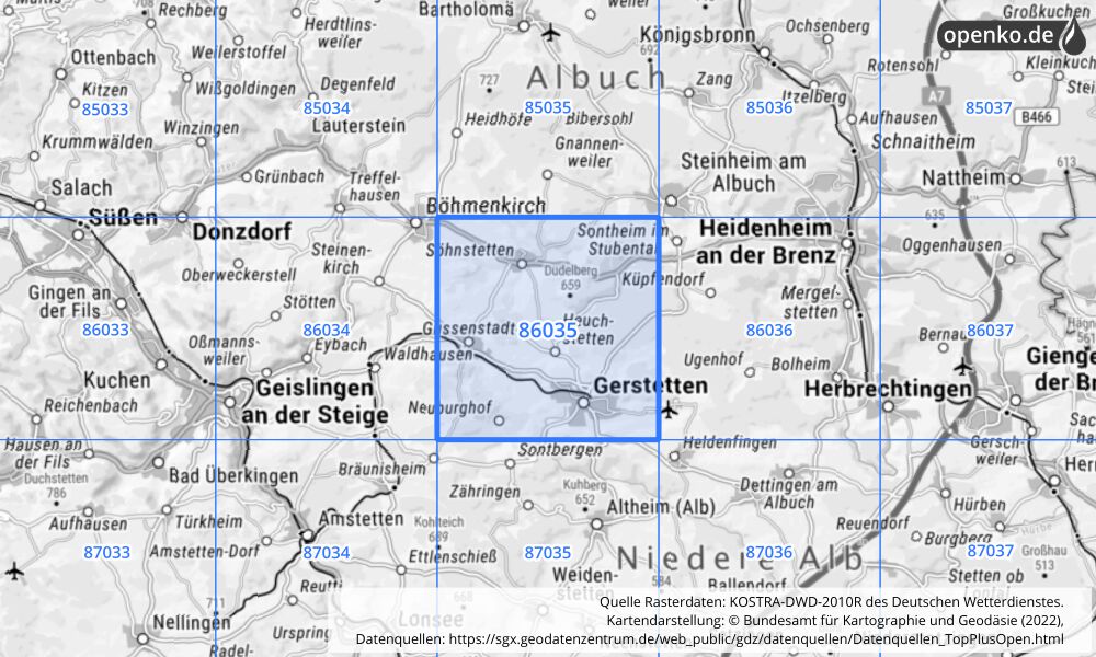 Übersichtskarte KOSTRA-DWD-2010R Rasterfeld Nr. 86035 mit angrenzenden Feldern